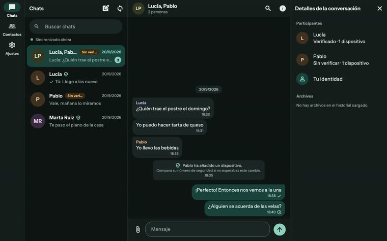 Arveil on the desktop: chat list, an open group conversation and its participants