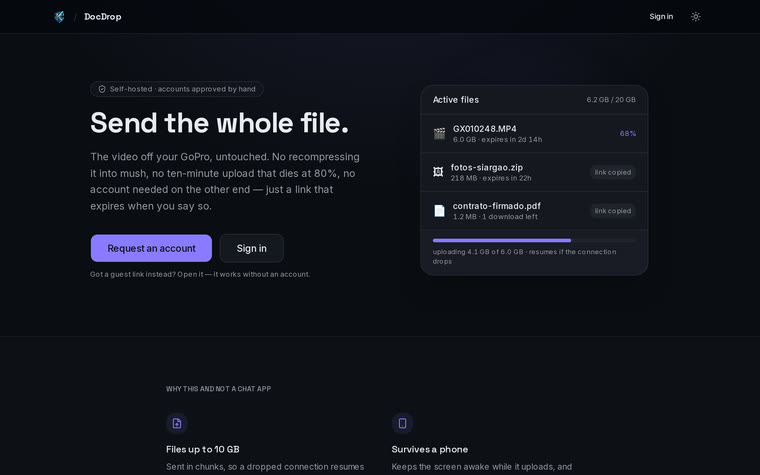 DocDrop showing large files uploading with their expiry