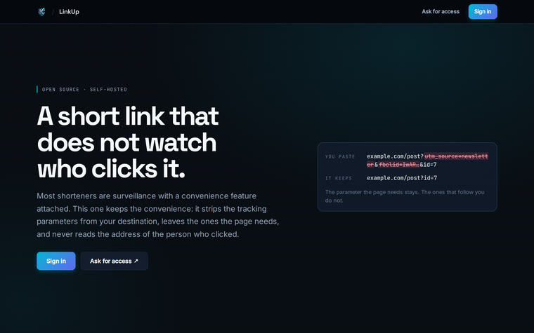 LinkUp showing a destination URL with its tracking parameters stripped