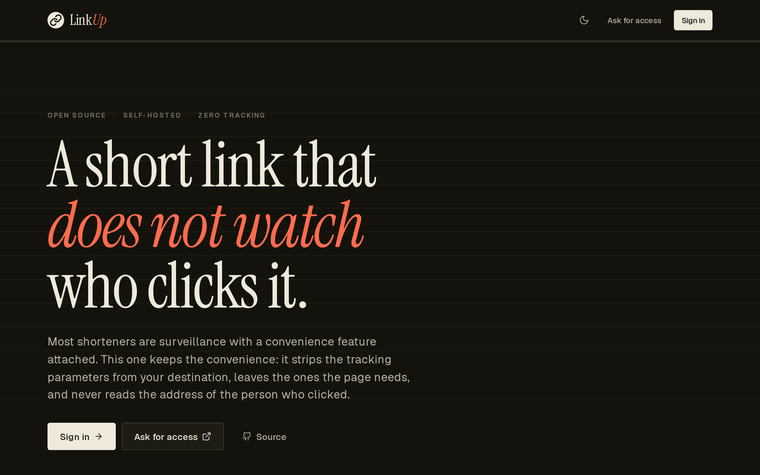 LinkUp showing a destination URL with its tracking parameters stripped