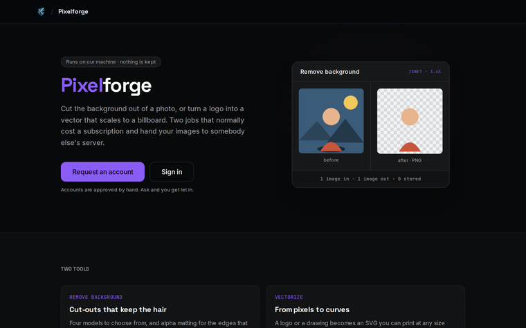 Pixelforge showing a photo before and after its background is removed