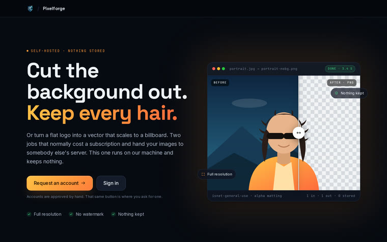 Pixelforge's home page: a photo split by a draggable line, background still there on one side and gone on the other