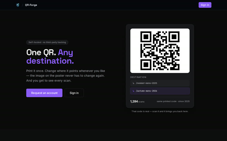 QR-Forge showing a dynamic QR code and its destination