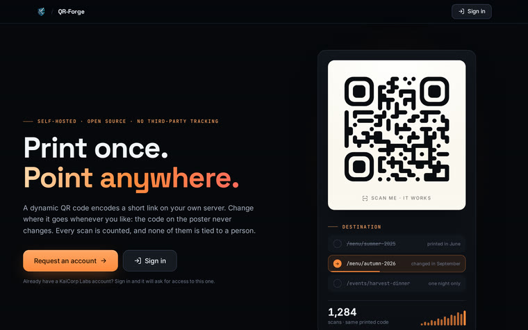 QR-Forge showing a dynamic QR code and its destination