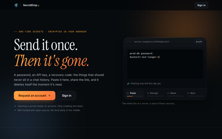 SecretDrop's home page: a password typed into the composer, before the link exists