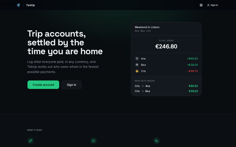 TabUp showing balances between three people and how to settle them